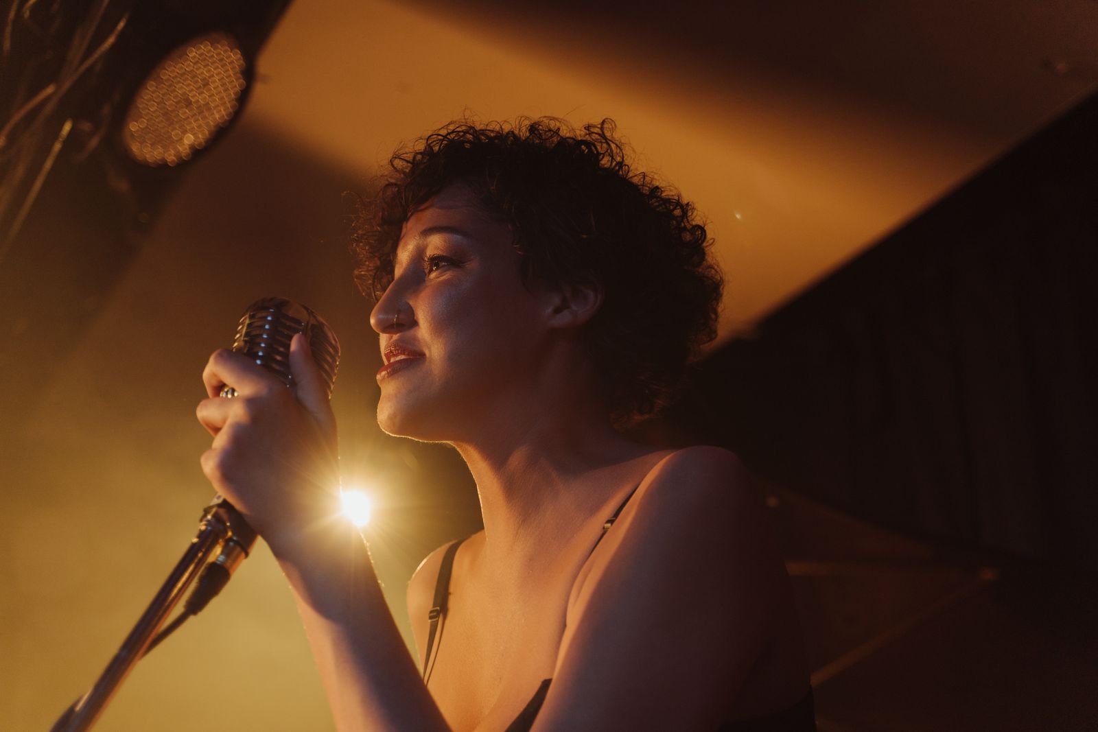 Chanteuse sous une lumière chaude tenant un microphone vintage, ambiance de spectacle rétro